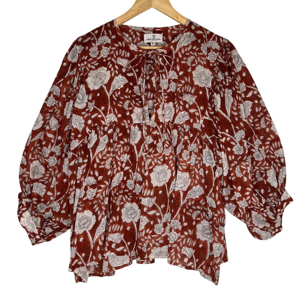 The Fox and The Mermaid Venice Terracota Floral Balloon Sleeve Peasant Blouse XL